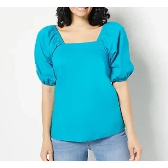 Candace Cameron Bure Square Neck Balloon Sleeve Top Deep Lagoon, Medium - Picture 1 of 1